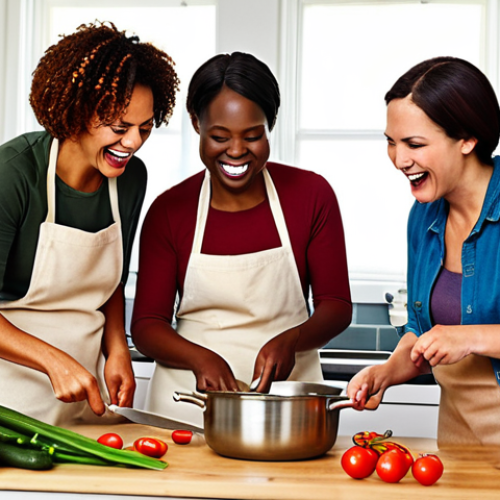 Home 11 **
A vibrant, collaborative kitchen scene. Diverse individuals are working together, laughing, and sharing tasks like chopping vegetables, stirring pots, and plating food. The image emphasizes teamwork, communication, and the joy of creating a meal together. Focus on the expressions of happiness and the sense of community.
**