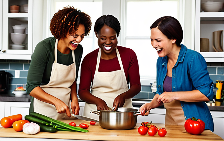 **
A vibrant, collaborative kitchen scene. Diverse individuals are working together, laughing, and sharing tasks like chopping vegetables, stirring pots, and plating food. The image emphasizes teamwork, communication, and the joy of creating a meal together. Focus on the expressions of happiness and the sense of community.
**