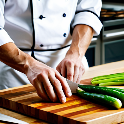 Home 6 A professional chef, fully clothed in a modest, clean chef's uniform, demonstrating precise knife skills. The chef is standing in a brightly lit, modern professional kitchen, expertly slicing fresh, vibrant vegetables on a clean wooden cutting board with a sharp chef's knife. The scene emphasizes proper technique and focus, highlighting the art of culinary preparation. perfect anatomy, correct proportions, natural pose, well-formed hands, proper finger count, natural body proportions, safe for work, appropriate content, fully clothed, professional, modest clothing, appropriate attire, professional photography, high quality, ultra detailed.