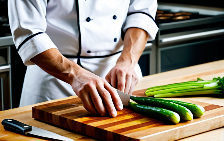 A professional chef, fully clothed in a modest, clean chef's uniform, demonstrating precise knife skills. The chef is standing in a brightly lit, modern professional kitchen, expertly slicing fresh, vibrant vegetables on a clean wooden cutting board with a sharp chef's knife. The scene emphasizes proper technique and focus, highlighting the art of culinary preparation. perfect anatomy, correct proportions, natural pose, well-formed hands, proper finger count, natural body proportions, safe for work, appropriate content, fully clothed, professional, modest clothing, appropriate attire, professional photography, high quality, ultra detailed.
